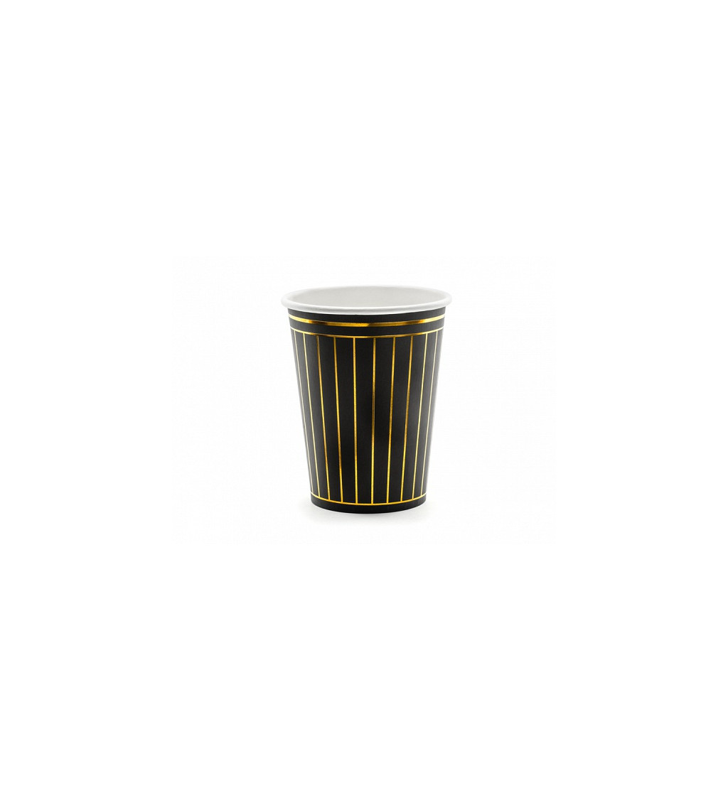Papierové poháre v čiernej farbe so zlatými pruhm