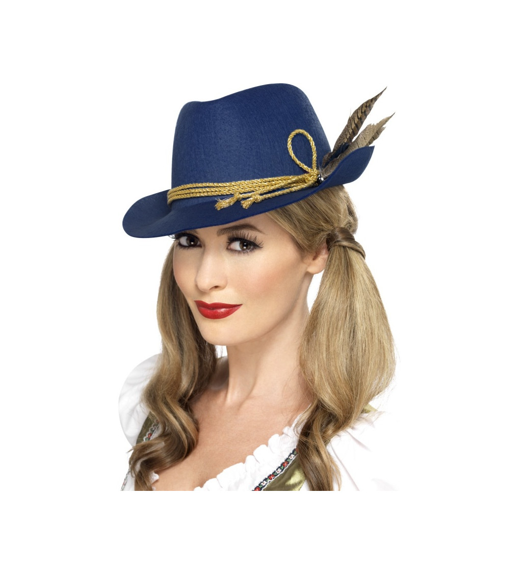Bavorský klobúk - modrý s pierkami