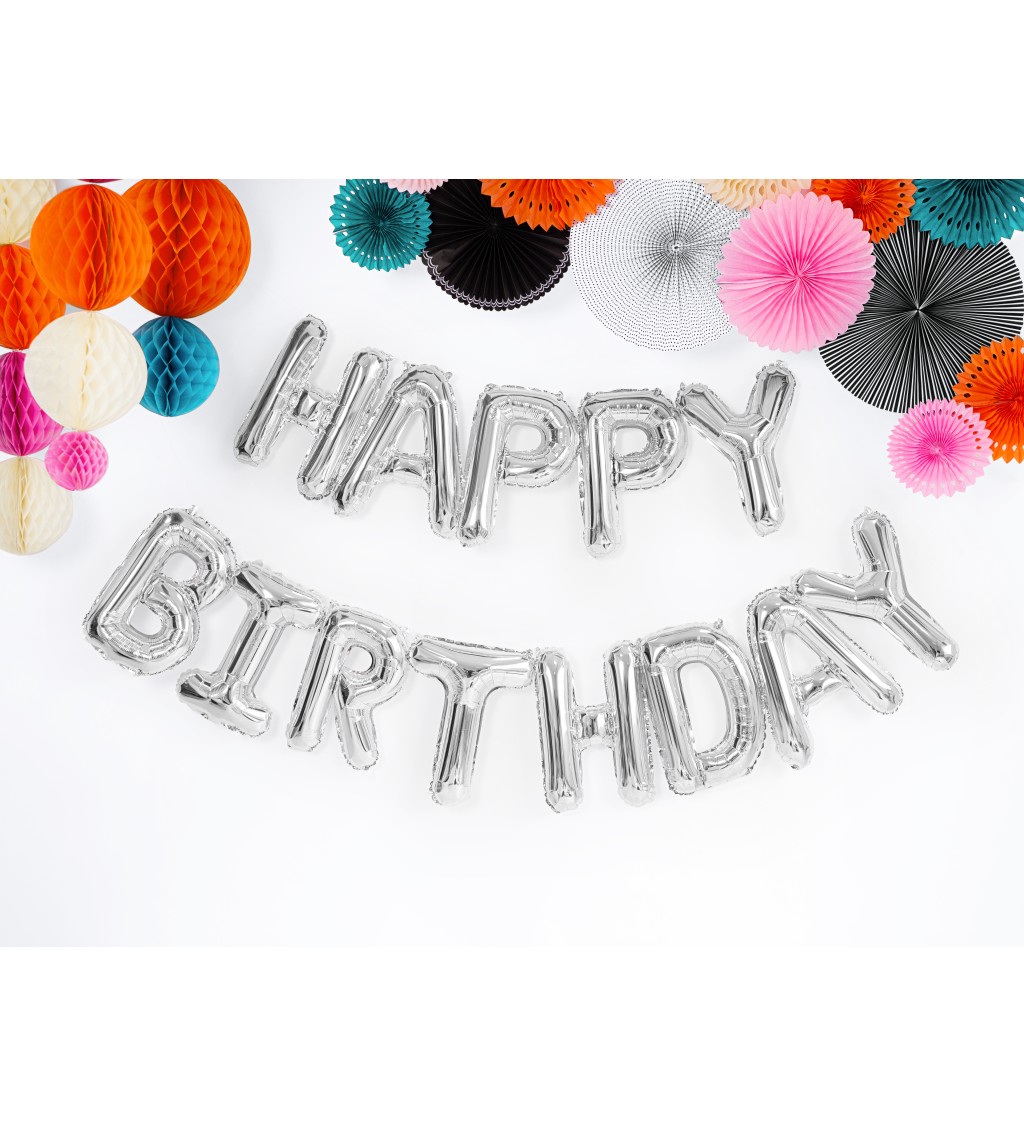 Metalický fóliový balónik Happy Birthday, strieborný