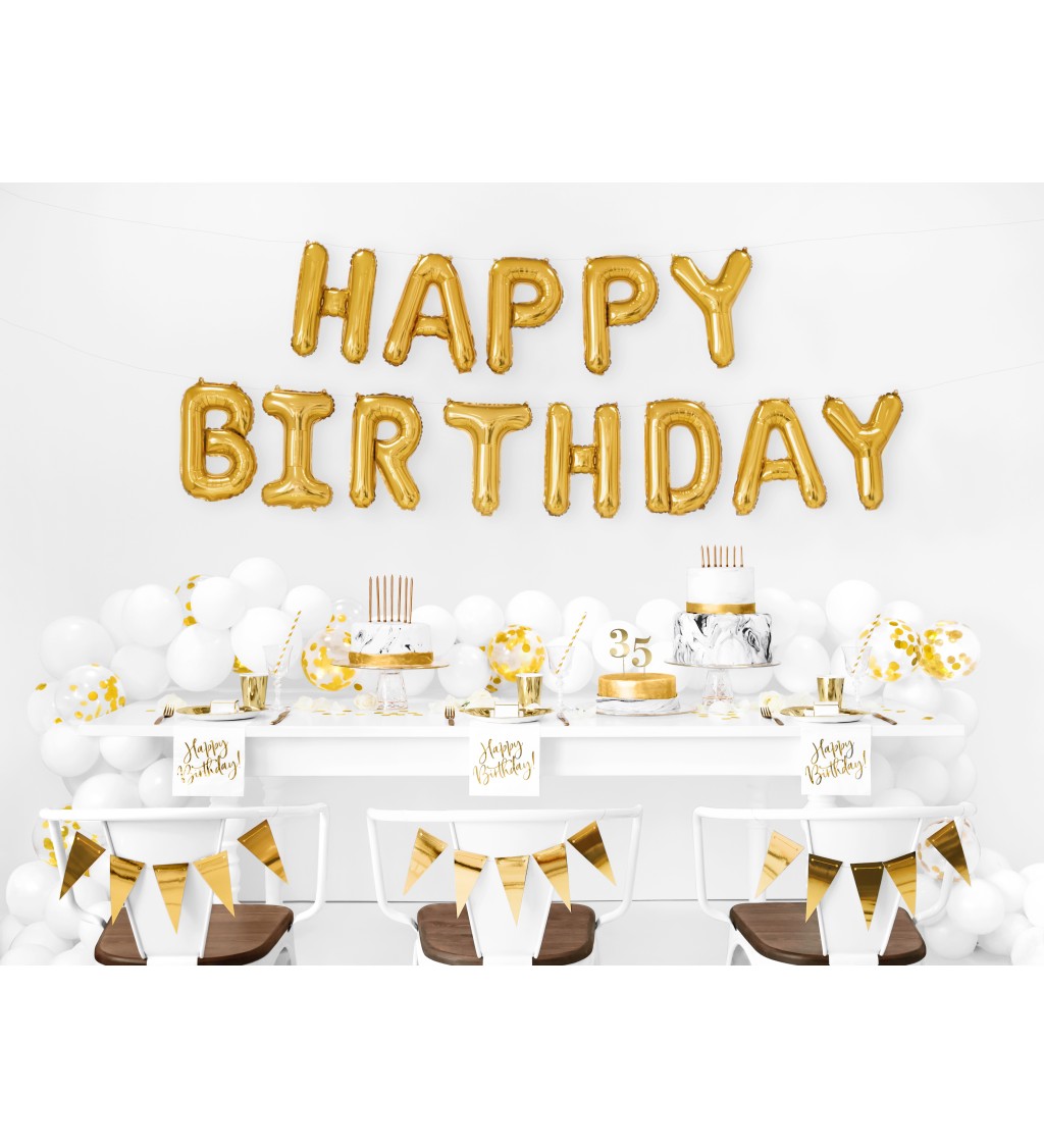 Balónik s písmenom Happy Birthday v zlatej farbe