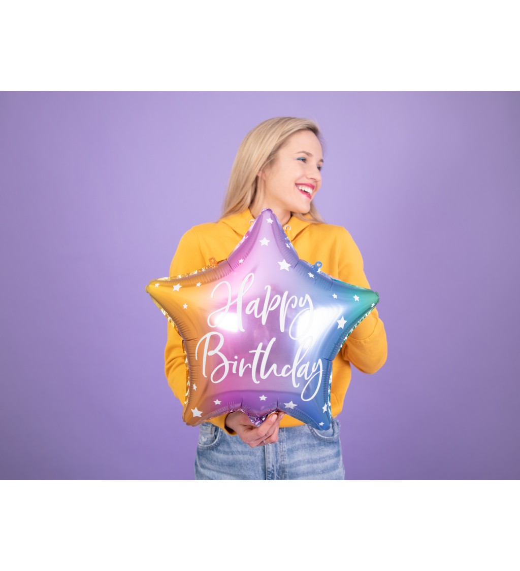 Fóliový balón v tvare hviezdy, farebný s bielym nápisom Happy Birthday