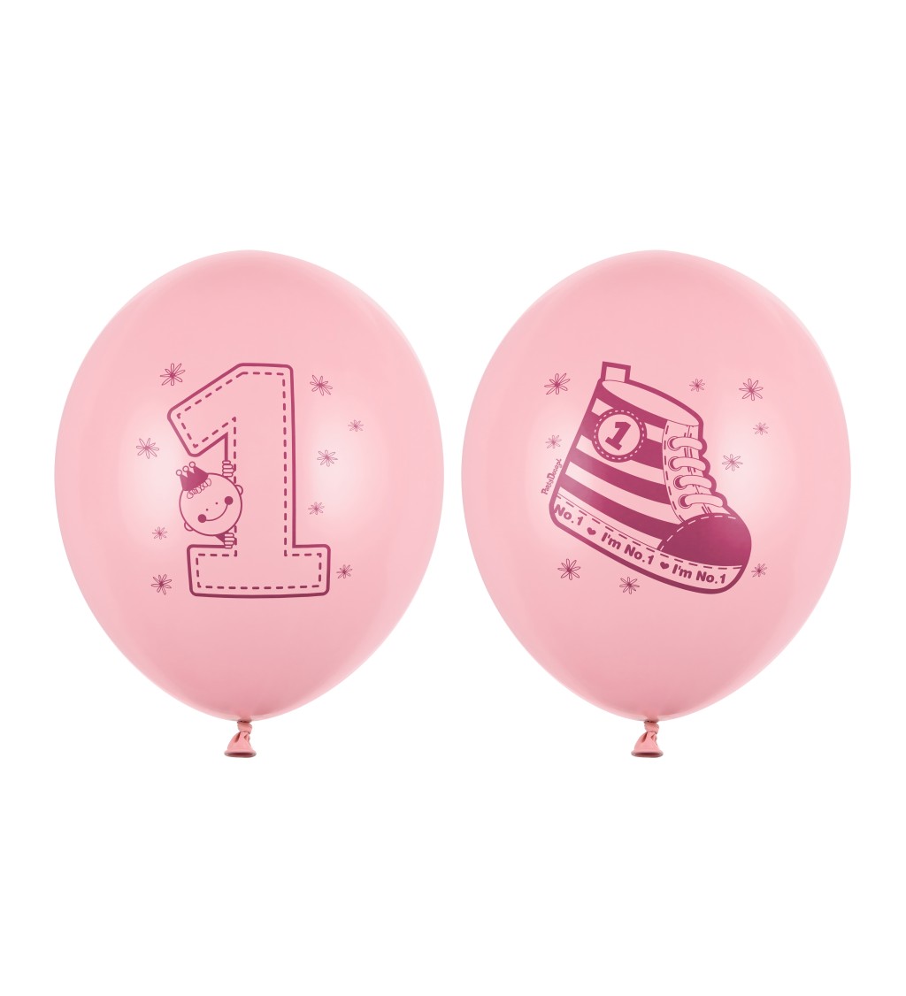 Svetloružové latexové balóniky s číslom 1 a malou topánkou