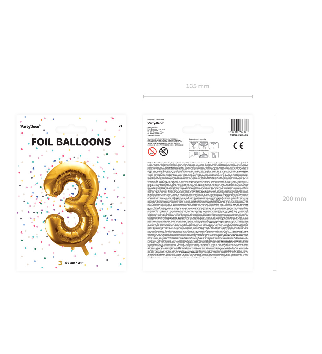 Fóliový balón číslo 3, zlatý