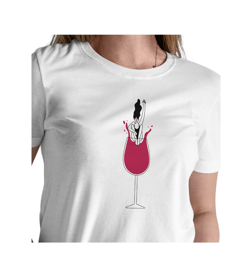 Dámske tričko biele - Pohár vína a skok