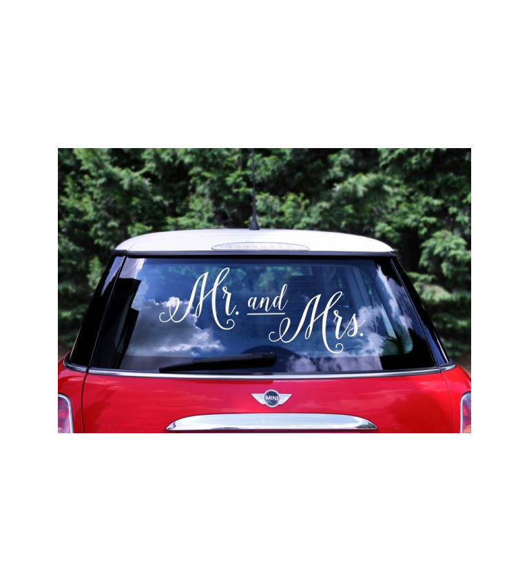 Svadobný polep na auto Mr and Mrs