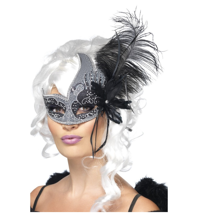 Benátská maska strieborno-čierna