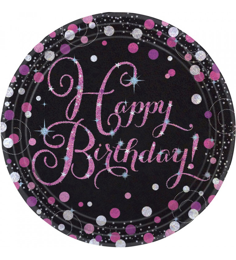Čierne párty taniere s nápisom Happy Birthday