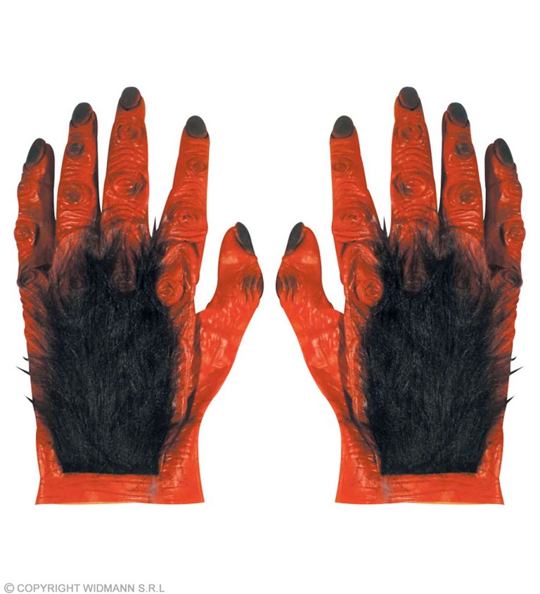 Červené rukavice s čiernymi chlpami
