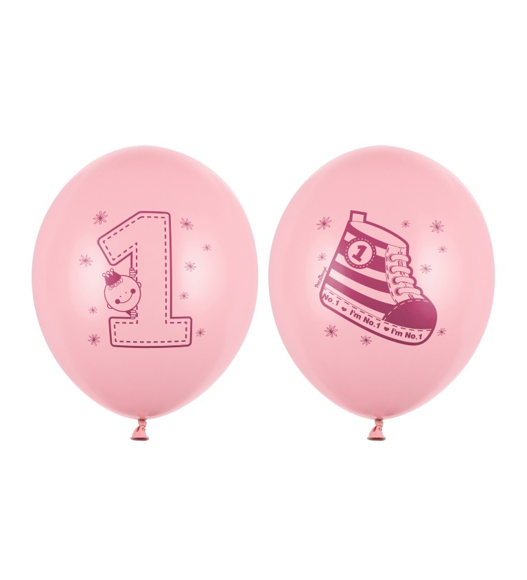 Svetloružové latexové balóniky s číslom 1 a malou topánkou