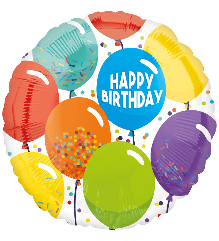 Fóliový balónik Happy Birthday, farebné balóniky