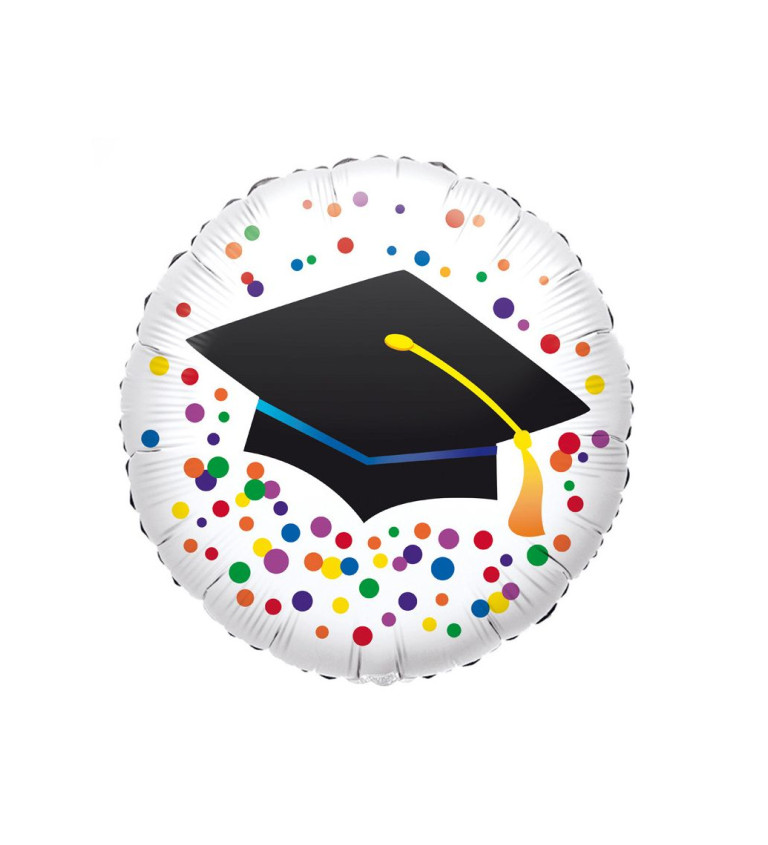 Fóliový balónik Graduation, biely s farebnými bodkami