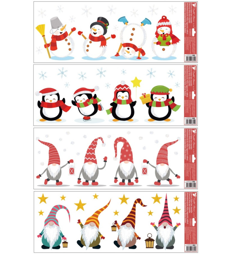 Okenná fólia farebná s trblietkami, pruhmi elfov, snehuliakov, tučniakov 60 x 22,5 cm