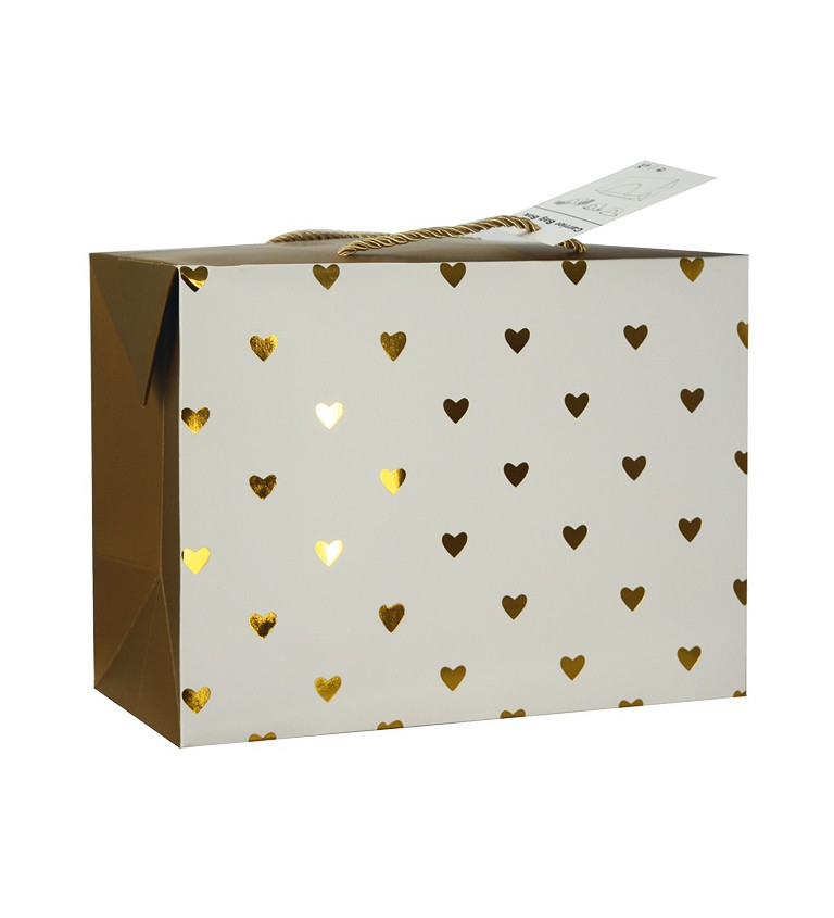 Darčeková taška so zlatými srdiečkami, 27x20x13 cm