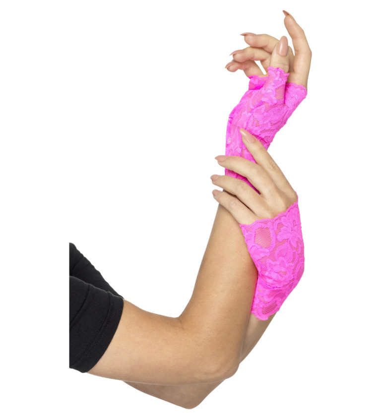 Neónovo ružové krajkové rukavičky